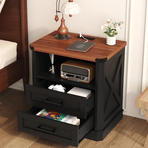 Yusong 23.62" Tall Farmhouse Nightstand, Rustic Wooden Night Stand with Charging Station, Beside Table with Drawers and Open Storage, End Tables for Bedroom, Black