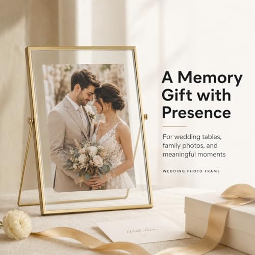AceList Floating Picture Frame, 8x10 Gold Double Glass, Tabletop