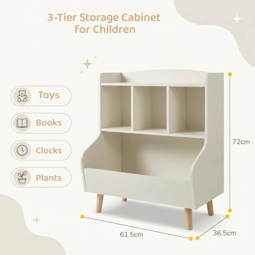 Kids Bookshelf with Toy Storage, 4 Cubby Bookcase for Toddlers, Montessori Wooden Bookshelf Organizer with Open Shelves, Front Facing Book Display Shelf, Kids Toy Storage Shelf for Nursery, Bedroom