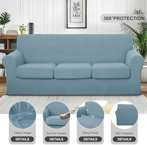 4 Pieces Stretch Couch Cover for Sofa, 3 Cushion, Blue