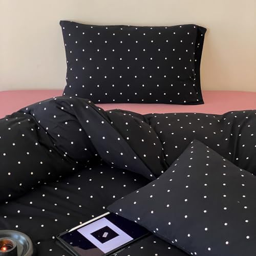 Polka Dot Twin XL Duvet Cover, 3 Piece 100% Cotton Jersey Knit Black Comforter Cover, Soft Modern Aesthetic Minimalist Bedding Set with Zipper & Corner Ties