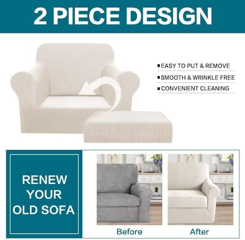 Turquoize 2 Piece Chair Covers Chair Slipcovers for Living Room Armchair Sofa Covers Chair Couch Cover with Arms Washable Furniture Protector for Chairs Feature Thick Jacquard Fabric (Chair, Ivory)
