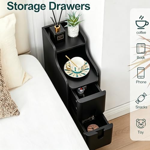 Narrow Nightstand Set of 2, Wood 2 Drawer Small Nightstand, Slim Side Table, Modern Skinny End Bedside Table, Natural Wood Night Stand with Drawers for Bedroom (Black-2 pc)