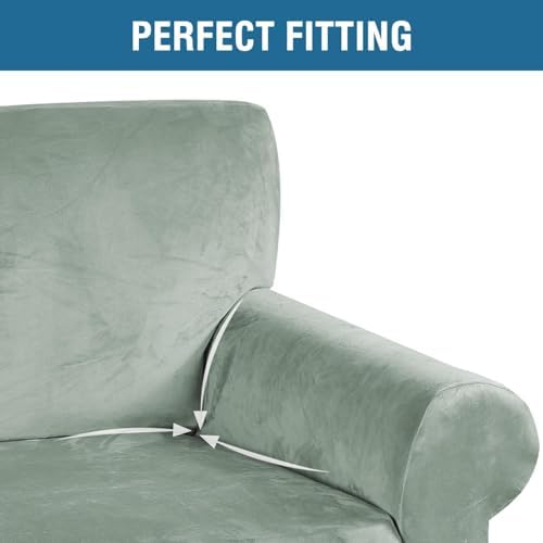 H.VERSAILTEX Stretch Velvet Sofa Covers for 3 Cushion Couch Covers Furniture Protector Soft with Non Slip Elastic Bottom, Crafted from Thick Comfy Rich Velour (Large Sofa 90"-97", Sea Grass)