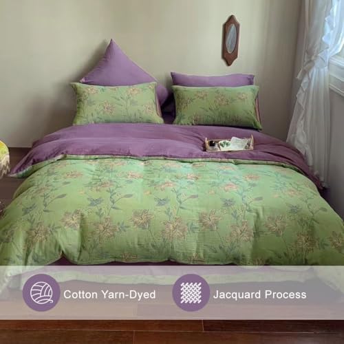 Linen Cotton Jacquard Duvet Cover Queen,3 Pcs Yarn-Dyed Textured Duvet Cover Set Green Purple Floral Bedding Breathable, Natural Wrinkled Look-No Comforter