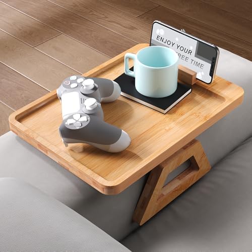 Couch Arm Tray with 360°Phone,Bamboo Folding Sofa Tray,Sofa Armrest Trays Clip-On Couch Desk for Drinks,Snacks,Phone,Remote Control（Natural）