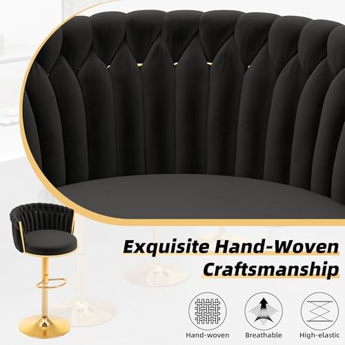 Gold Bar Stools Set of 4, Modern Adjustable Bar Height Barstools, Velvet Swivel Bar Chairs with Woven Backrest, Metal Footrest & Base, Upholstered Counter Stools for Kitchen Island, Black