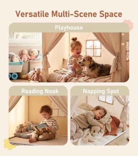 Little Dove Kids Play Tent with Star Lights & 2 Windows, Large Reading Nook & Playhouse for Indoor & Outdoor Use, Play Tent for Boys & Girls, Birthday, 52"x35"x51", Cream