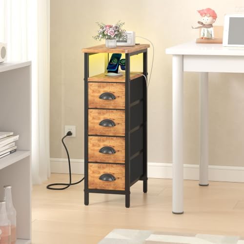 sthmec Side Table with Charging Station, Narrow End Table with 4 Drawers, LED Nightstands with Fabric Drawers,Slim Sofa Couch Side Tables for Small Spaces,Living Room,Bedroom,Rustics Brown