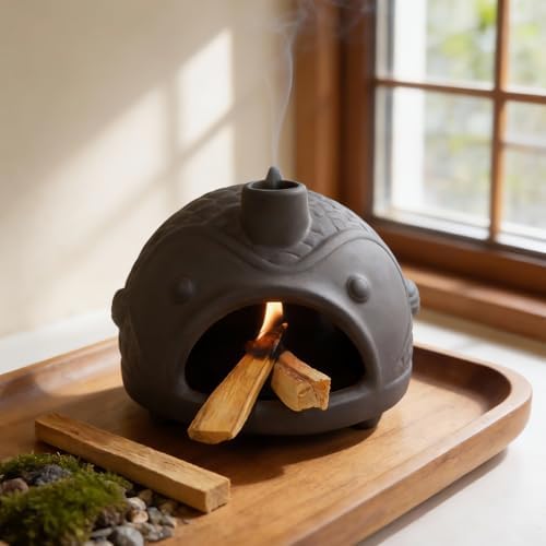 Black Fish-Shaped Palo Santo Holder, Decorative Sage Burner with Chimney