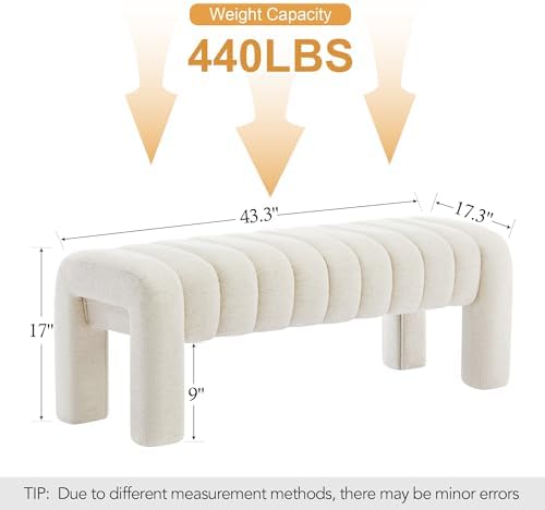 43.3" End of Bed Bench, Upholstered Linen Bench, Beige