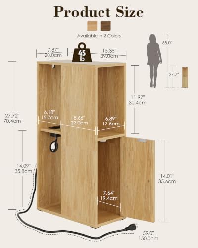 Narrow Nightstand, 7.9" Wood Nightstands with Fluted Door, Oak