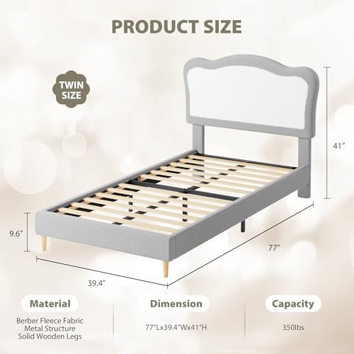 Garvee Upholstered Twin Bed Frame for Kids with Scallop Headboard, Cute Velvet Twin Bed for Girls, Boys, Sturdy Platform Bed, No Box Spring Needed, Wooden Slats, Noise Free, Grey White