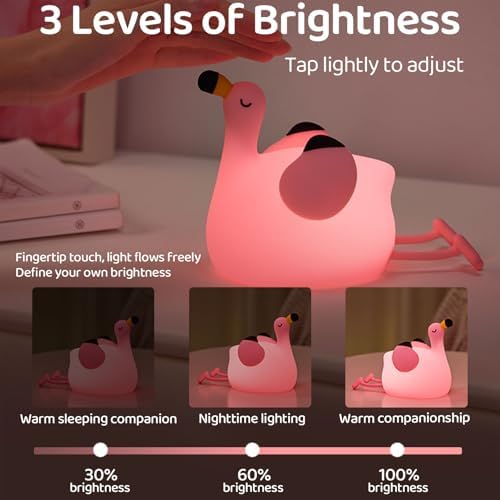 Pink Flamingo Night Light for Kids, Dimmable Silicone LED Baby Nursery Night Light, Funny Nightlight Girls Trendy Gifts, Rechargeable Bedside Lamp Kawaii Pink Decor for Bedroom Home Office