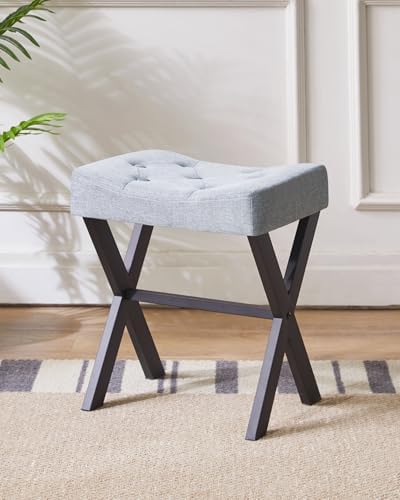 IBUYKE U-Shaped Linen Vanity Stool, X-Leg Makeup Chair, Blue Gray WBD018L