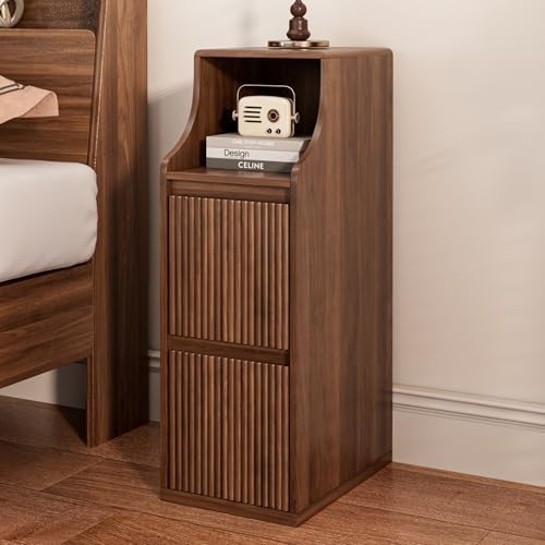 Fluted Narrow Nightstand, Skinny Bedside Table with 2 Drawers, Wooden Small Vintage Side Table, Mid Century Modern Night Stand, Slim End Table, for Bedroom, Living Room, Walnut, Brown