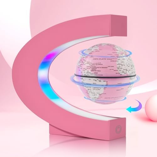 Magnetic Levitation Floating Globes with LED Lights, C Frame Floating Globe Lamp, Cool tech Gadgets for Home Office Desk Accessories, Gifts for Women, Ladies, Girls, Teachers, Colleagues(Pink)