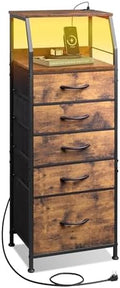 WLIVE LED Nightstand with Charging Station, Fabric Dresser with 5 Drawers for Bedroom, Tall Night Stand with Open Shelves, Bed Side Tables Living Room, Rustic Brown
