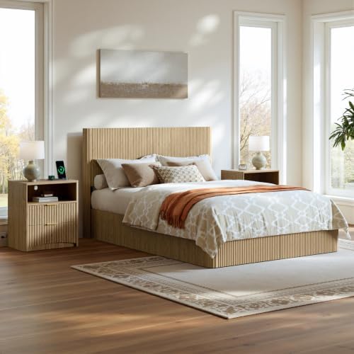 Evermagin Queen Bedroom Set, Storage Bed Frame & Charging Nightstands, Oak
