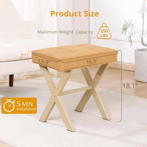 LUE BONA Vanity Stool, Square Linen Makeup Stool, Honey Brown