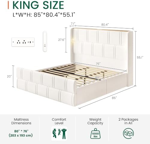 LARMACE 55.1" Tall Headboard King Size Bed Frame, 2 Reading Lights, Beige