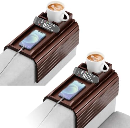 Bestjing 2 Pack Couch Armrest Table with Detachable Cup Holder Tray(Walnut)