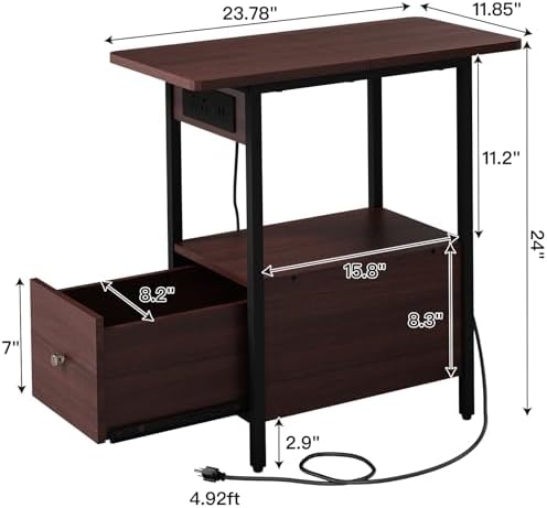 LIDYUK End Table with Charging Station, Narrow Side Table with Drawer