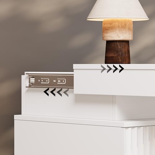 Nightstand Set of 2 for Bedroom, LED Nightstand with 3 Drawers and Charging Station, Mid Century Modern Fluted Nightstands, Bedside Tables & End Tables, White