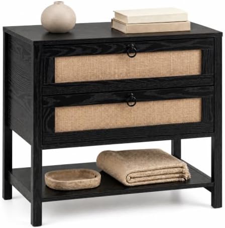 GIANTEX Rattan Nightstand with 2 Drawers, 27" Wide Boho Bedside Table