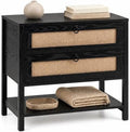 GIANTEX Rattan Nightstand with 2 Drawers, 27" Wide Boho Bedside Table