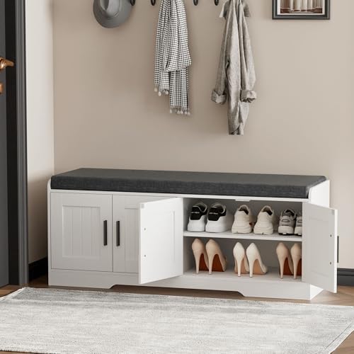Homleke Shoe Storage Bench, 4 Doors & Thickened Padded Seat Cushion