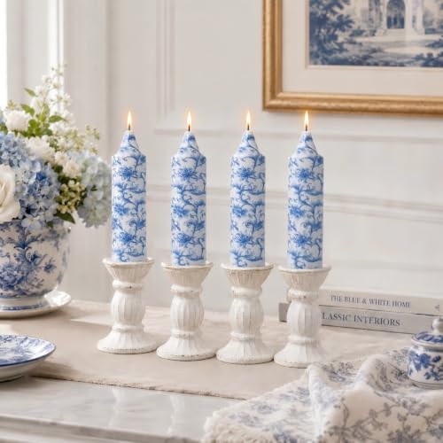 NJAO HOO Floral Taper Candles 5 Inch Short Candlesticks Hand Printed Blue and White Floral Candlesticks Unscented Tapered Candle Set for Spring Home Garden Decor, 4Pcs
