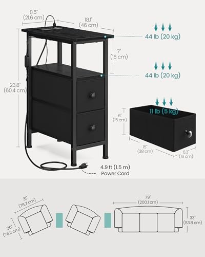 SONGMICS Side Table with LED Light, Narrow End Table with 2 Fabric Drawers