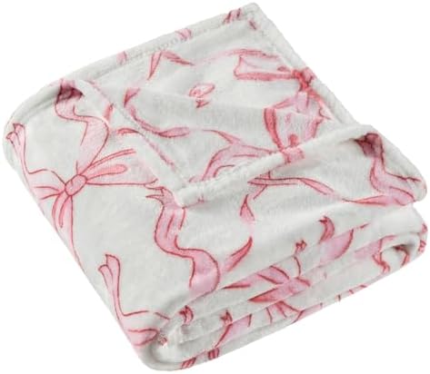 Pink Bow Throw Blanket –Spring Mother's Day Soft Fleece Blanket for Girls and Women, Coquette Aesthetic Room Decor for Bed, Couch, Chair, Preppy Bedroom or Gift, Cute Pink Bow Decor Blanket