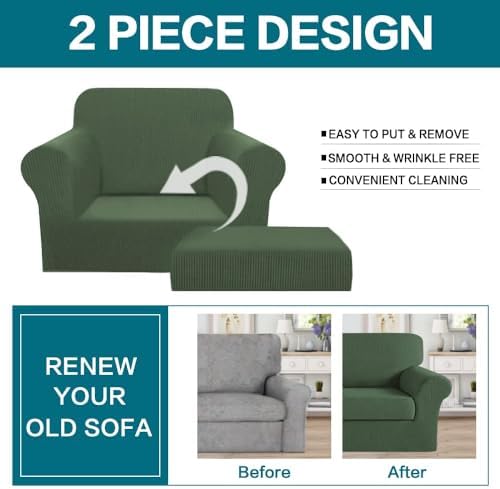 Turquoize 2 Piece Chair Covers Chair Slipcovers for Living Room Small Armchair Chair Cover with Arms Washable Furniture Cover for Chairs Feature Thick Jacquard Fabric (Small Armchair, Bronze Green)