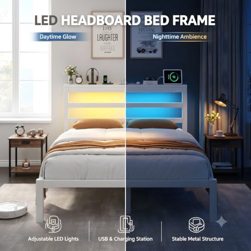 Queen Bed Frame with Charging Station and LED Lights Headboard, White