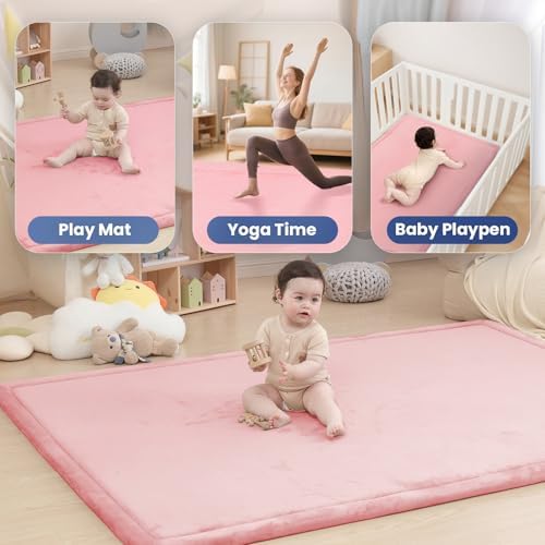 Huloo Sleep Ultra Soft Baby Play Mat for Floor, 1.3" Thick Elasti-Foam 59x59 Play Mat for Playpen,Water-Repellent Coral Velvet for Tummy Time, Non-Slip Backing,Safe for Toddlers & Infants（Pink）