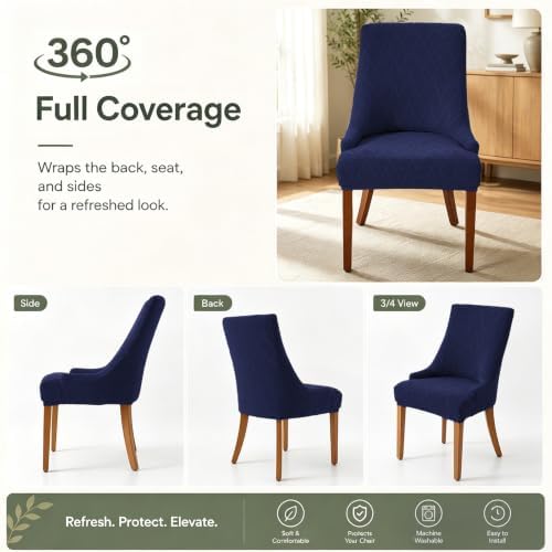 MIFXIN Wingback Side Chair Covers Dining Chair Slipcover Stretch Jacquard Sloping Armchair Protector Arm Chair Seat Cover for Dining Room Living Room Banquet Home Decor (Navy, 2 Pcs)