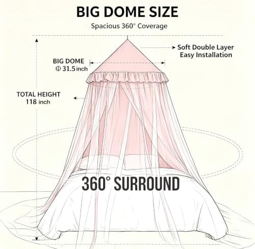 Kertnic Princess Bed Canopy for Girls, Double Layer Round Bed Mosquito Net, 31.5" Large Dome Indoor Castle Bed Tent, Sleeping & Reading Nook Curtain for Boys Girls (Beige Pink)