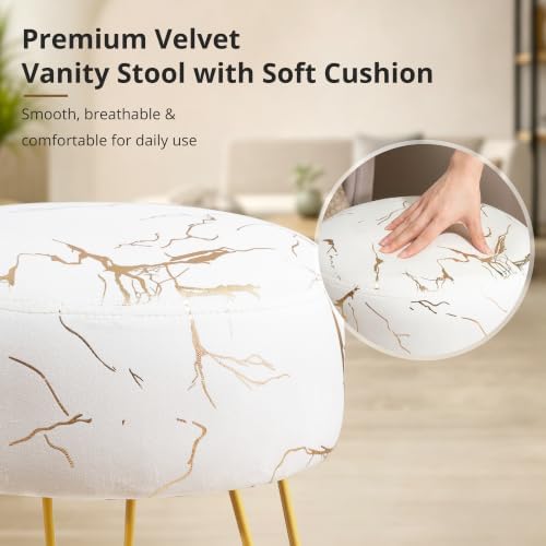 LUE BONA Vanity Stool, Gold Vanity Stools for Makeup Room, Round Ottoman Foot Stool, Velvet Footrest Vanity Chair for Bathroom Vanity, Bedroom, Living Room, Entryway, Offices, 300lbs