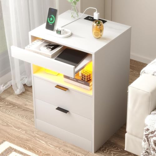 Yusong Night Stand, LED Nightstand with Charging Station, White