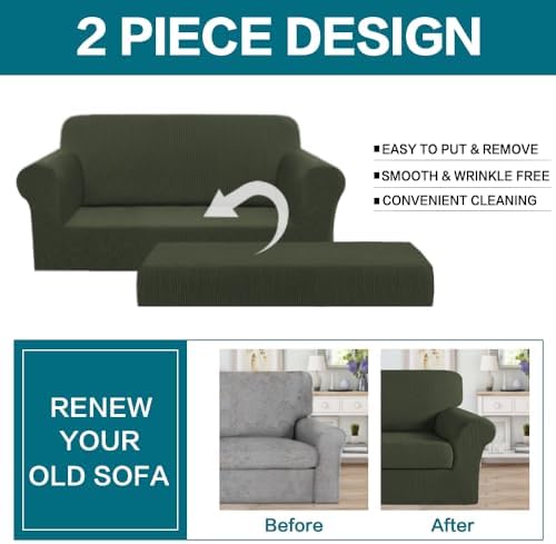Turquoize Stretch Sofa Slipcover 2 Pieces Sofa Cover Couch Cover for 2 Cushion Couch Washable Furniture Protector Covers with Elastic Bottom Feature Thick Jacquard Fabric (Loveseat, Olive)