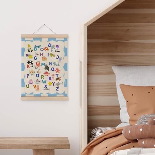 MAQIKA Ocean Classroom Poster Framed with Wood Hanger, Coastal Beach Nursery Hanging Wall Decor, Ocean Marine Life Blue Checkered Canvas Wall Art Paints for Kids Nursery Room Classroom, 12x16 Inch