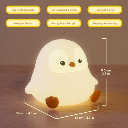UNEEDE Sitting Penguin Night Light Silicone Touch Lamp, USB Rechargeable, Dimmable Nursery Light & Decoration, Squishy Night Light Cute Animal Lamp