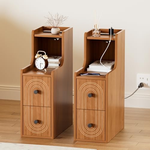 Set of 2 Narrow End Table with Charging Station, Walnut Skinny Bedside Tables with Storage Drawers, Small Side Tables for Small Spaces, Bedroom
