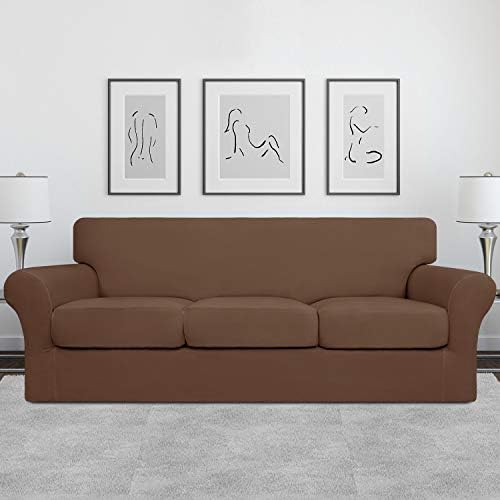 Easy-Going 4 Pieces Stretch Soft Couch Cover for Dogs - Washable Sofa Slipcover for 3 Separate Cushion Couch - Elastic Furniture Protector for Pets, Kids (Sofa, Brown, Large)