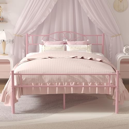 VECELO 14 Inch Full Size Metal Platform Bed Frame with Headboard and Footboard, Heavy Duty Mattress Foundation with Steel Slats Support, No Box Spring Needed, Pink