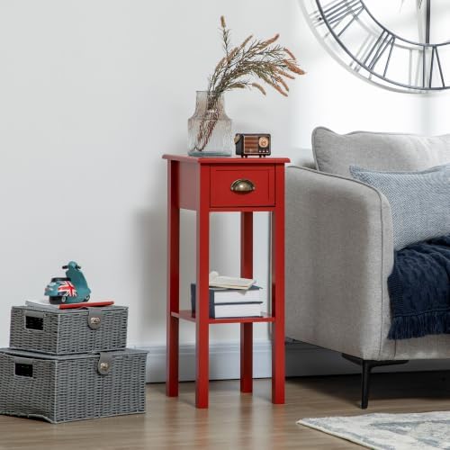 HOMCOM Narrow End Table with Drawer and Bottom Shelf Set of 1 Red