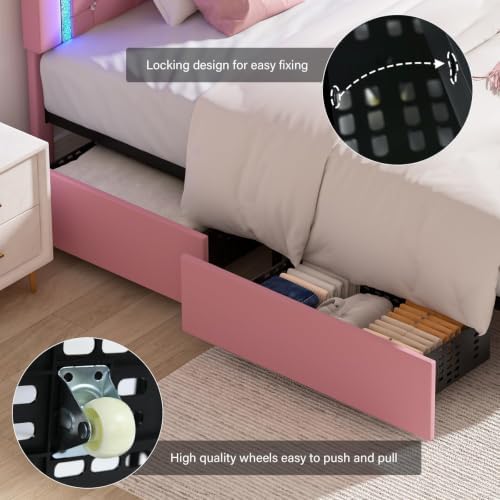 BarnFurin Twin Bed Frame with LED Lights and Diamond Tufted Headboard,Pink