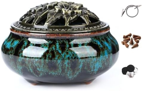 Censer Sky Blue Incense Burner with Calabash Incense Stick Holder - Porcelain Charcoal Censer for Use with Resin Granular Powder Cone or Coil Incense (Blue Fambe)